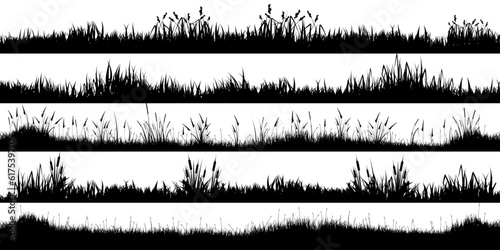 Meadow silhouettes with grass, plants on plain. Panoramic summer lawn landscape with herbs, various weeds. Herbal border, frame element. Black horizontal banners. Vector illustration