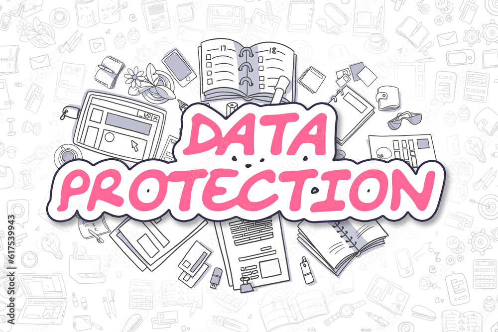 Cartoon Illustration of Data Protection, Surrounded by Stationery. Business Concept for Web Banners, Printed Materials.