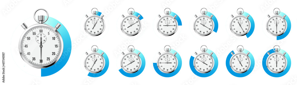 Realistic classic stopwatch. Shiny metal chronometer, time counter with dial. Blue countdown timer showing minutes and seconds. Time measurement for sport, start and finish. Vector illustration Realistic classic stopwatch. Shiny metal chronometer, time counter with dial. Blue countdown timer showing minutes and seconds. Time measurement for sport, start and finish. Vector illustration