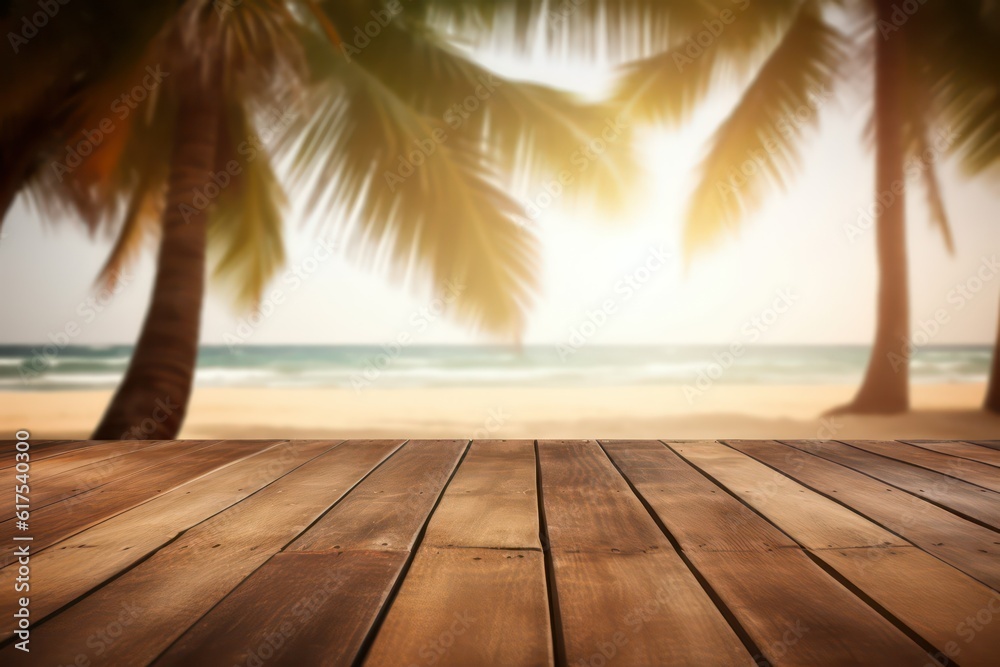 Empty wooden pier, table, and desk background over a blurred tropical beach coastal landscape with palm trees, cloudy sky, and bright blue, turquoise sea water. Background concept. Empty wooden pier, table, and desk background over a blurred tropical beach coastal landscape with palm trees, cloudy sky, and bright blue, turquoise sea water. Background concept.