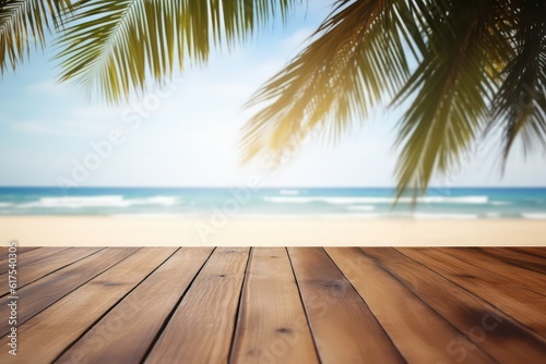 Empty wooden pier, table, and desk background over a blurred tropical beach coastal landscape with palm trees, cloudy sky, and bright blue, turquoise sea water. Background concept.