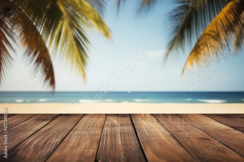Empty wooden pier, table, and desk background over a blurred tropical beach coastal landscape with palm trees, cloudy sky, and bright blue, turquoise sea water. Background concept. © Ante
