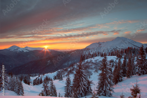 Carpathian mountains in winter, sunrise and sunset, trees covered with white snow, dramatic sky © Designpics