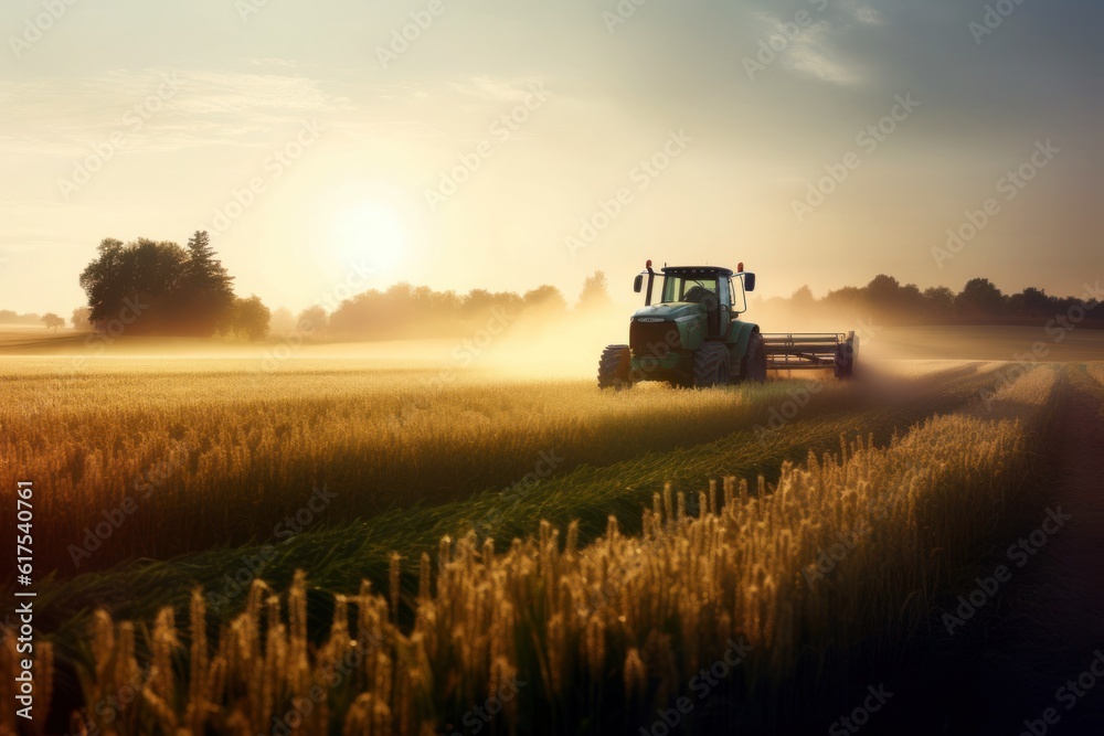 Fototapeta premium A tractor and the golden corn field bathed in sunlight - Generative AI
