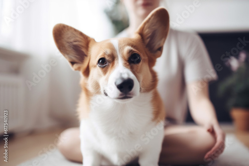Young woman practice yoga in her living room with her dog welsh corgi