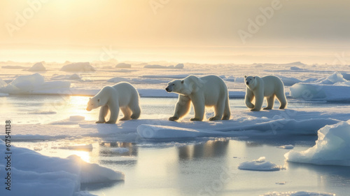 Polar bears foraging for sustenance amidst rapidly disappearing icebergs. Consequence of global warming and climate change. Arctic landscape at sunset. Banner