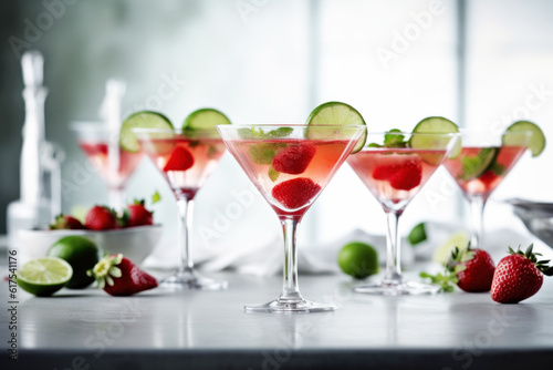  Strawberry cocktail with lime and mint on bright grey background