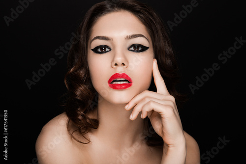 Beauty black stripes eyes and red lips makeup on black background