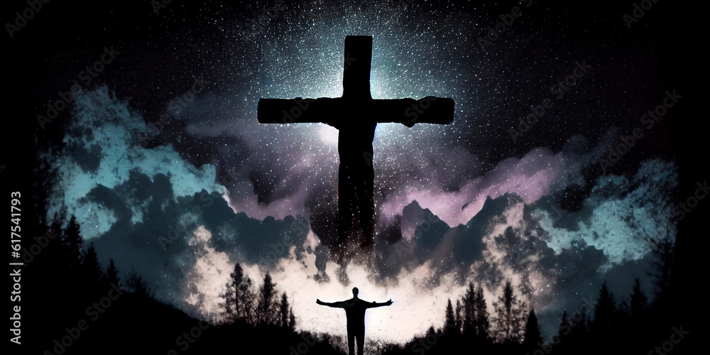 Φωτογραφία The drawn silhouette of a man standing in nature with his arms outstretched to the sides, against the background of a luminous silhouette of a huge cross in the night cloudy sky