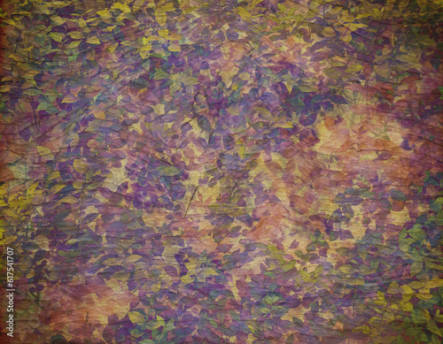 Leafy autumn greenery canvas and wood textured grunge background. Copy space for text.