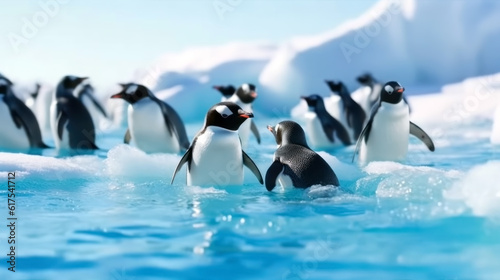 A group of penguins in search of food. Habitat reduction. Concept of climate change, lack of ice, and global warming. Antarctic landscape. Banner