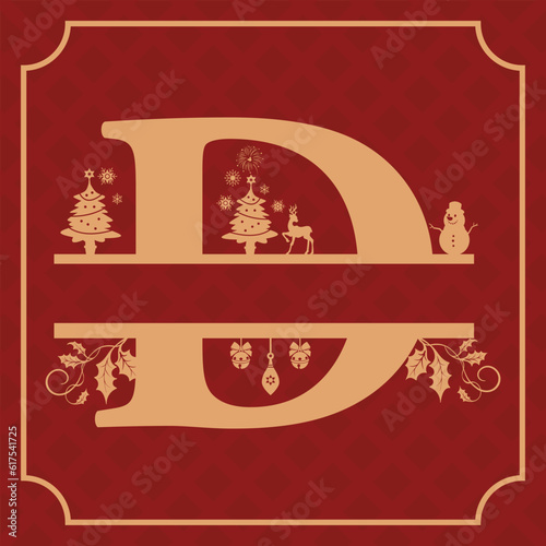 Letter D, D Christmas Monogram, Letter D Silhouette with Christmas symbols, Christmas logo, Christmas Design for Print, Screen Print T-Shirt