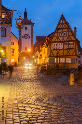 illuminated at night Plonlein Small Square in Rothenburg ob der Tauber  Germany