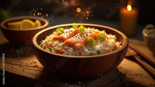 Salmon rice in the wooden plate on the table sunlight HD, Background