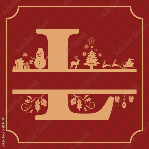 Letter L, L Christmas Monogram, Letter L Silhouette with Christmas symbols, Christmas logo, Christmas Design for Print, Screen Print T-Shirt