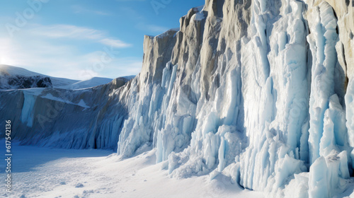 The edge of the glacier, where clear signs of historical melting and the diminishing ice mass can be seen. The concept of climate change, the loss of ice, and global warming. Banner. Copy space