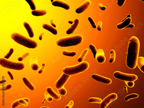 Many pathogen viruses on abcstract yellow background. 3d render photo