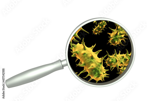 Magnifying glass and colony of pathogen bacteria. Isolated on white background. 3d render