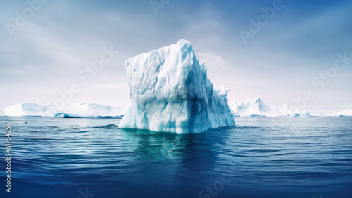 Melting polar ice caps. Floating iceberg in the ocean. Impact of climate change and global warming. Cause of rising sea levels and flooding of coastal cities