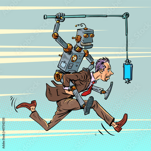 Artificial intelligence controls humanity. The threat of technology development without limits. The man carries the robot and runs for the phone.