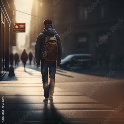 stock image of someone walking across the street realistic hd raytracing 