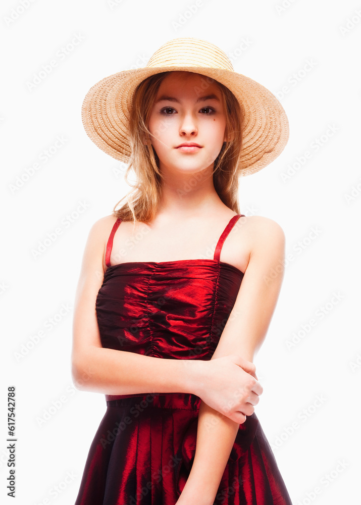 Girl with Blond Hair in Red Dress Stray Hat on her Head Girl with Blond Hair in Red Dress Stray Hat on her Head