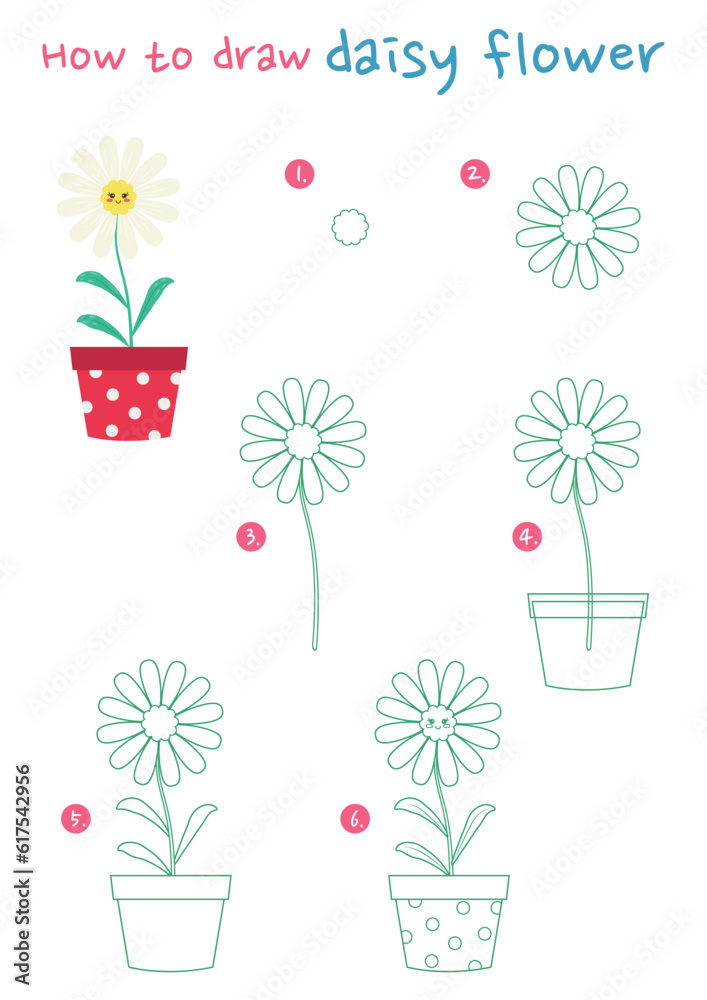 How to draw a daisy flower vector illustration. Draw a pot of daisy