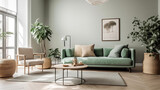 Stylish living room interior of modern apartment and trendy furniture. Home decor sage green