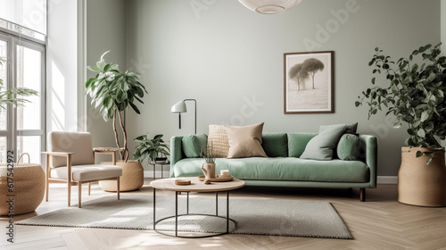 Stylish living room interior of modern apartment and trendy furniture. Home decor sage green © Witri