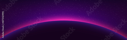 Planet sunrise. Sun eclipse in cosmos. Starry background with planet orbit. Glowing solar ring. Horizon effect with color glow. Beautiful white stars. Vector illustration