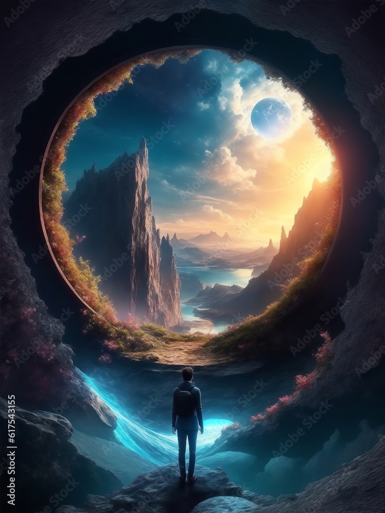 Man in front of Entrance to Magic world. Passage to another world. Portal to a fantasy world. Digital painting illustration created with Generative AI technology.