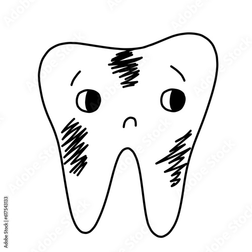 Sick tooth in hand drawn doodle style. Vector illustration isolated on white. Coloring page.