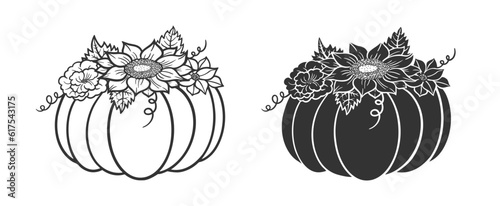 Pumpkin with Flowers. Vector illustation doodle flowers and pumpkins. 