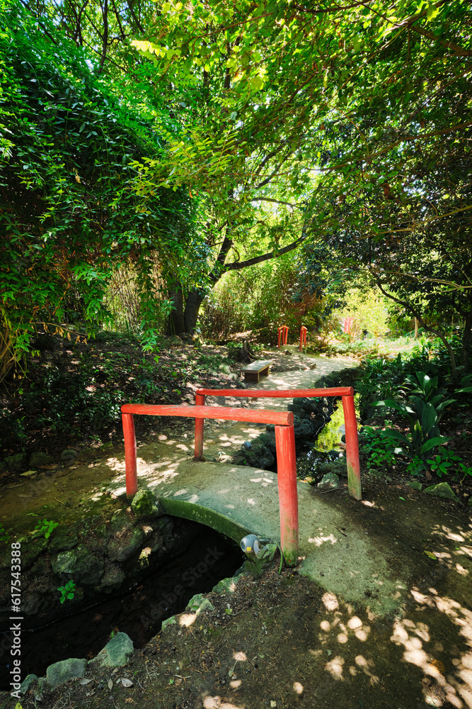 Red Chinese style bridge with wooden railings in lush greenery of asian part of tropical botanical garden in Lisbon, Portugal Red Chinese style bridge with wooden railings in lush greenery of asian part of tropical botanical garden in Lisbon, Portugal