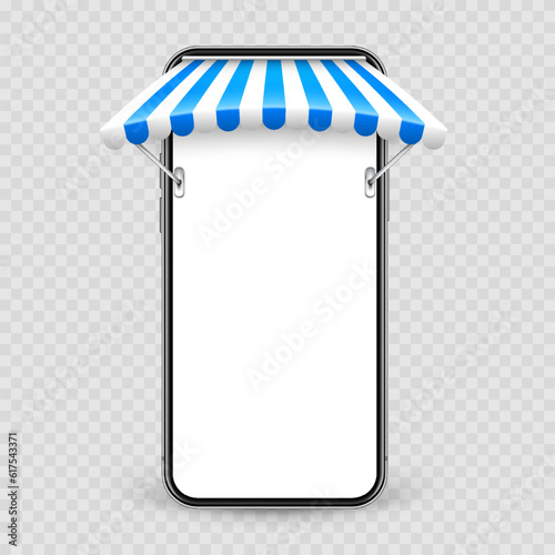 Smartphone with shop sunshade and metal mount, online internet shopping. Realistic blue striped cafe awning. Outdoor market tent. Roof canopy. Summer street store. Vector illustration