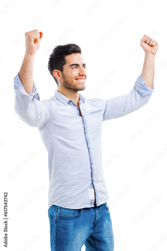 Successful young man with arms open, isolated over white background Successful young man with arms open, isolated over white background