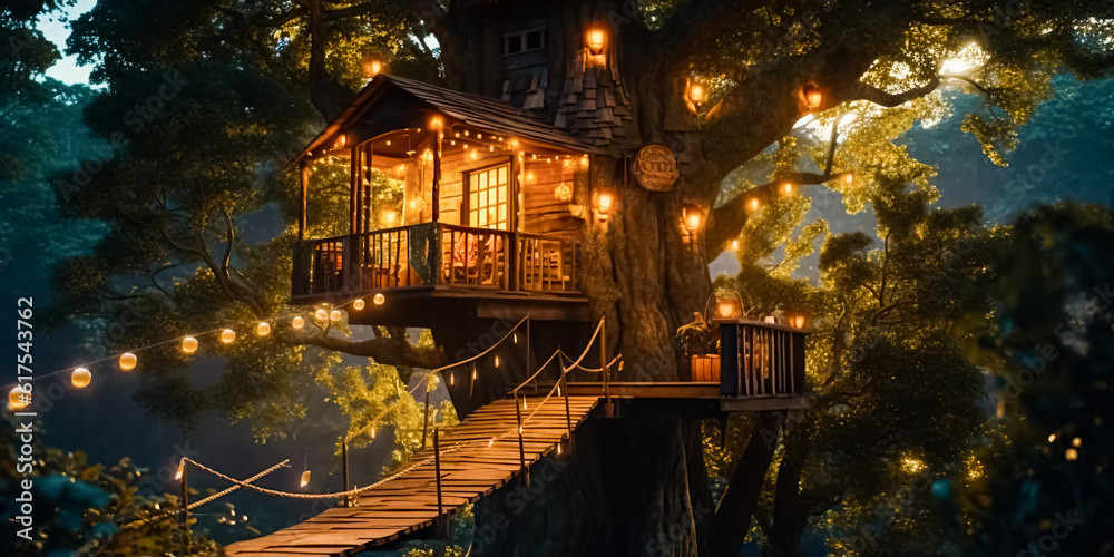 a tree house sitting on an idyllic deck, with lights on a tree deck. blurred treehouse in the woods at night. digital art a tree house sitting on an idyllic deck, with lights on a tree deck. blurred treehouse in the woods at night. digital art