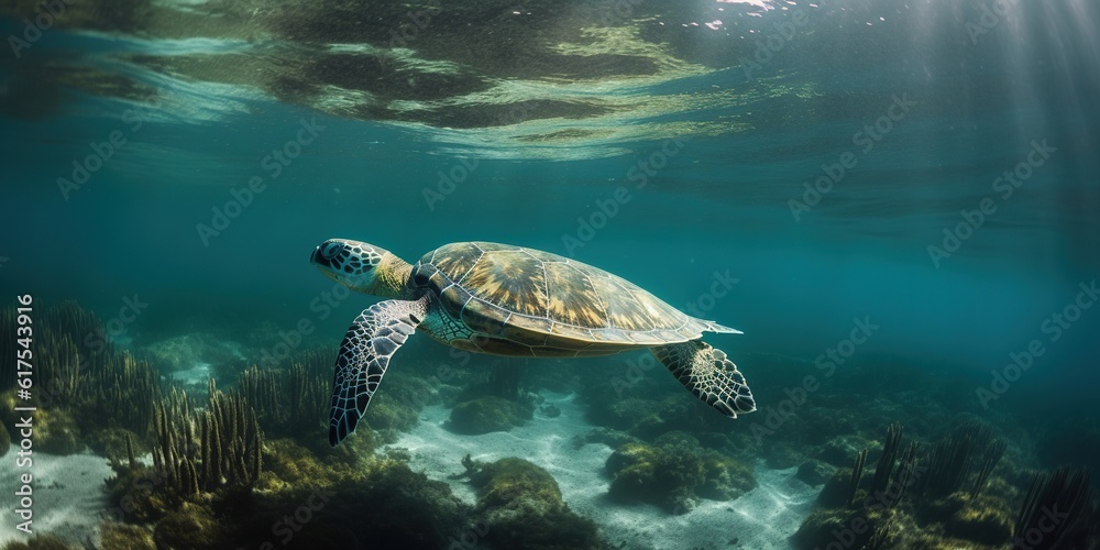 Obraz premium big water turtle swimming in the ocean near the bottom