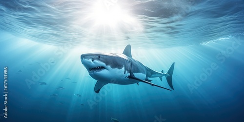 big white shark underwater with the sun rays