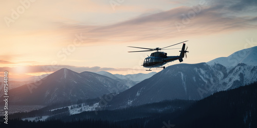 Fototapeta rescue helicopter flying in the sky above the high mountain range,