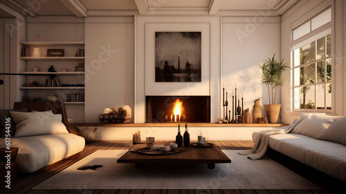 Enchanting Fireside Haven  A Majestic  Minimalist  and Cozy Living Room  AI Generative