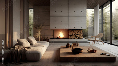 Majestic Coziness: A Minimalist Living Room with a Captivating Fireplace, AI Generative