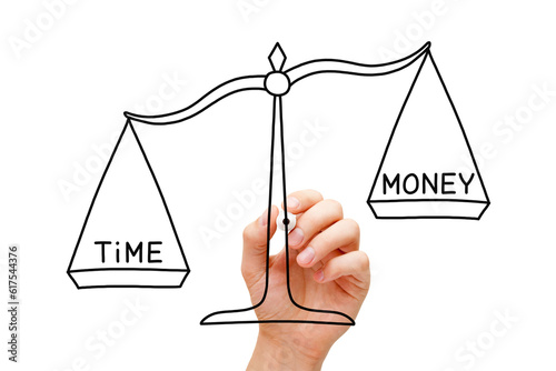 Foto Hand sketching Time and Money scale concept with black marker on transparent glass board