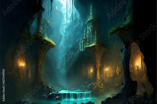 An underground city with light shining in from above and waterfalls and streams throughout would likely be a breathtaking and magical place The city itself would be located deep underground with 
