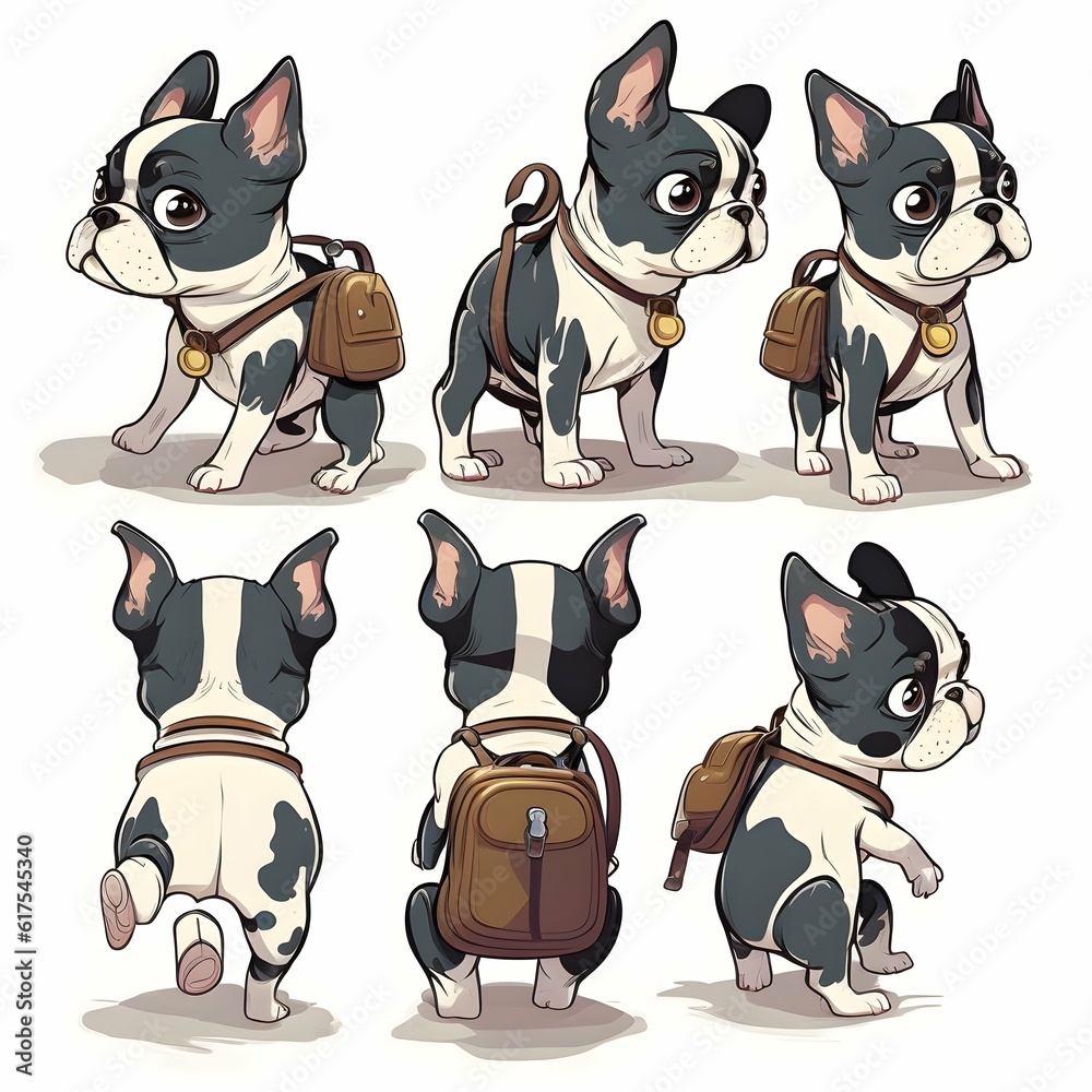 boston terrier character multiple poses and expressions children book wearing a small hiking backpack no outline  - obrazy, fototapety, plakaty 