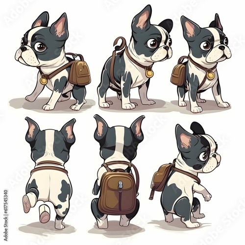 boston terrier character multiple poses and expressions children book wearing a small hiking backpack no outline  photo