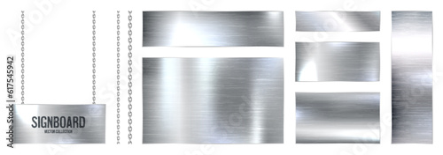 Metal banners hanging on a chain. Realistic shiny steel plate with screws. Polished silver metal surface. Vector illustration