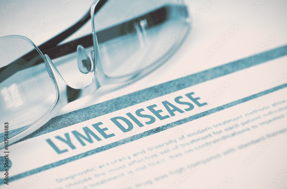 Lyme Disease - Printed Diagnosis with Blurred Text on Blue Background with Spectacles. Medical Concept. 3D Rendering. Lyme Disease - Printed Diagnosis with Blurred Text on Blue Background with Spectacles. Medical Concept. 3D Rendering.