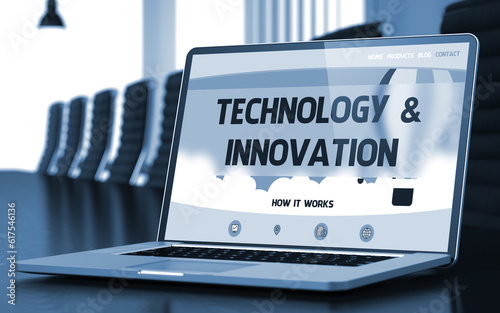 Technology and Innovation Concept. Closeup of Landing Page on Mobile Computer Screen in Modern Meeting Room. Toned Image. Blurred Background. 3D Rendering.
