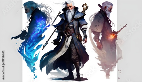 water colour character design white background eldritch knight white beard wizard short white hair elf ears scabard simple longsword travelling boots cosmic black cloak simple indigo magic anger 